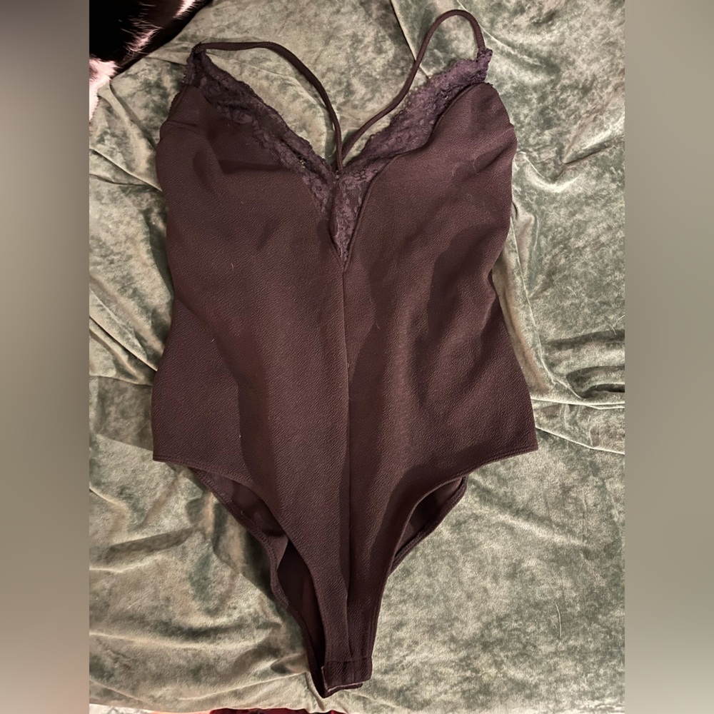 Lace Trim Women's Deep V Bodysuit in Black